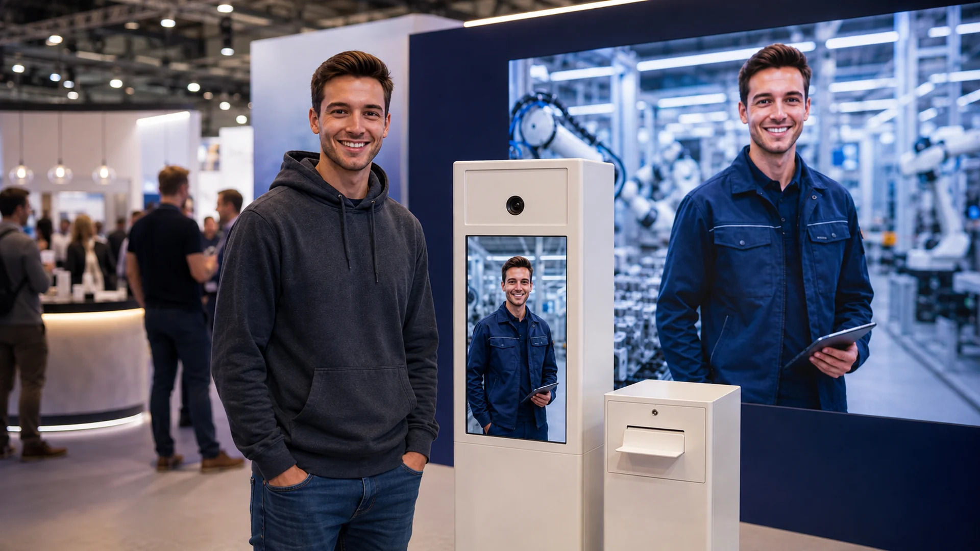 Messestand-Szene für Maschinenbauingenieur/in mit Fotobox und LED-Wand