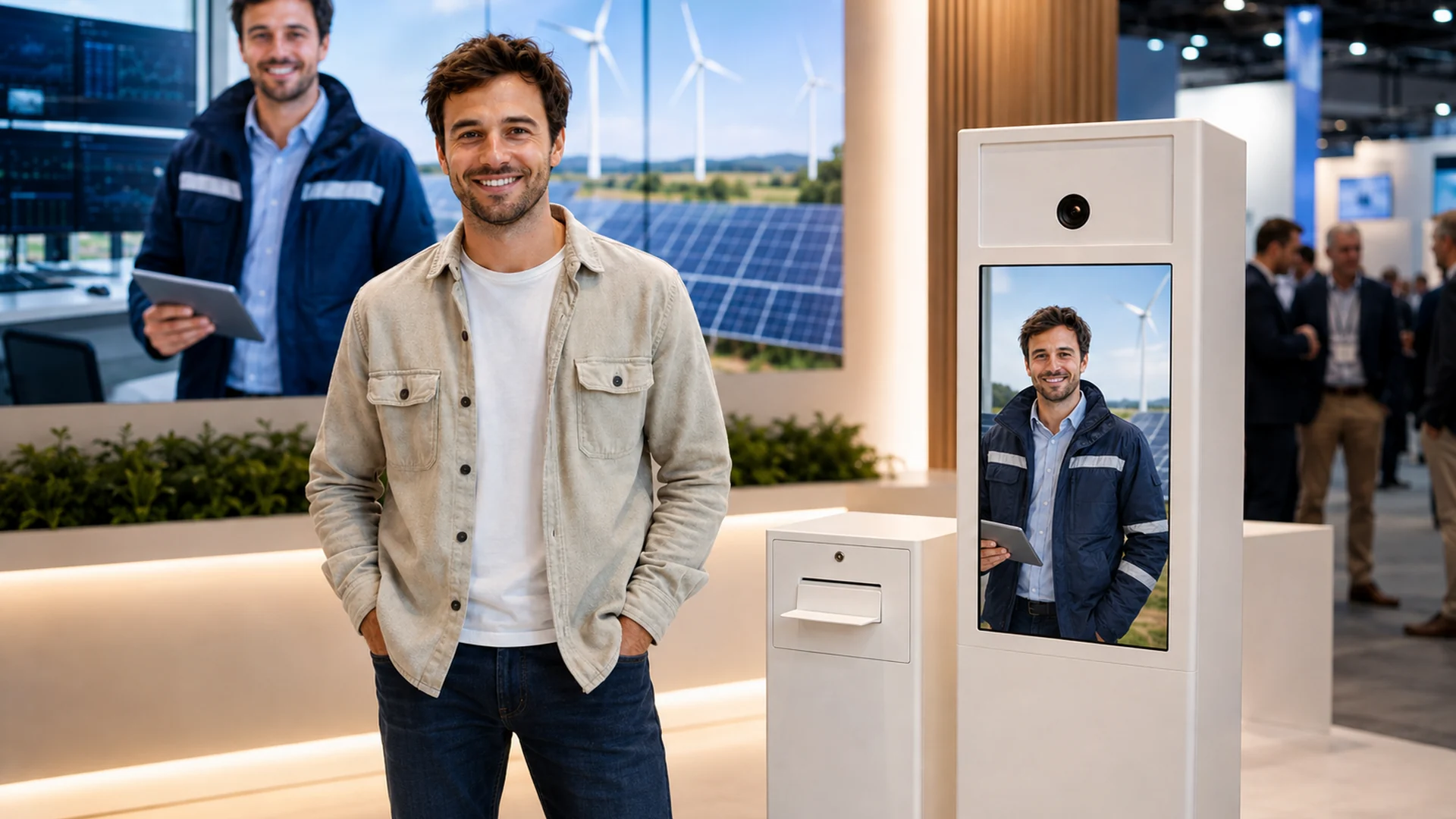 Messestand-Szene für Energieingenieur/in mit Fotobox und LED-Wand