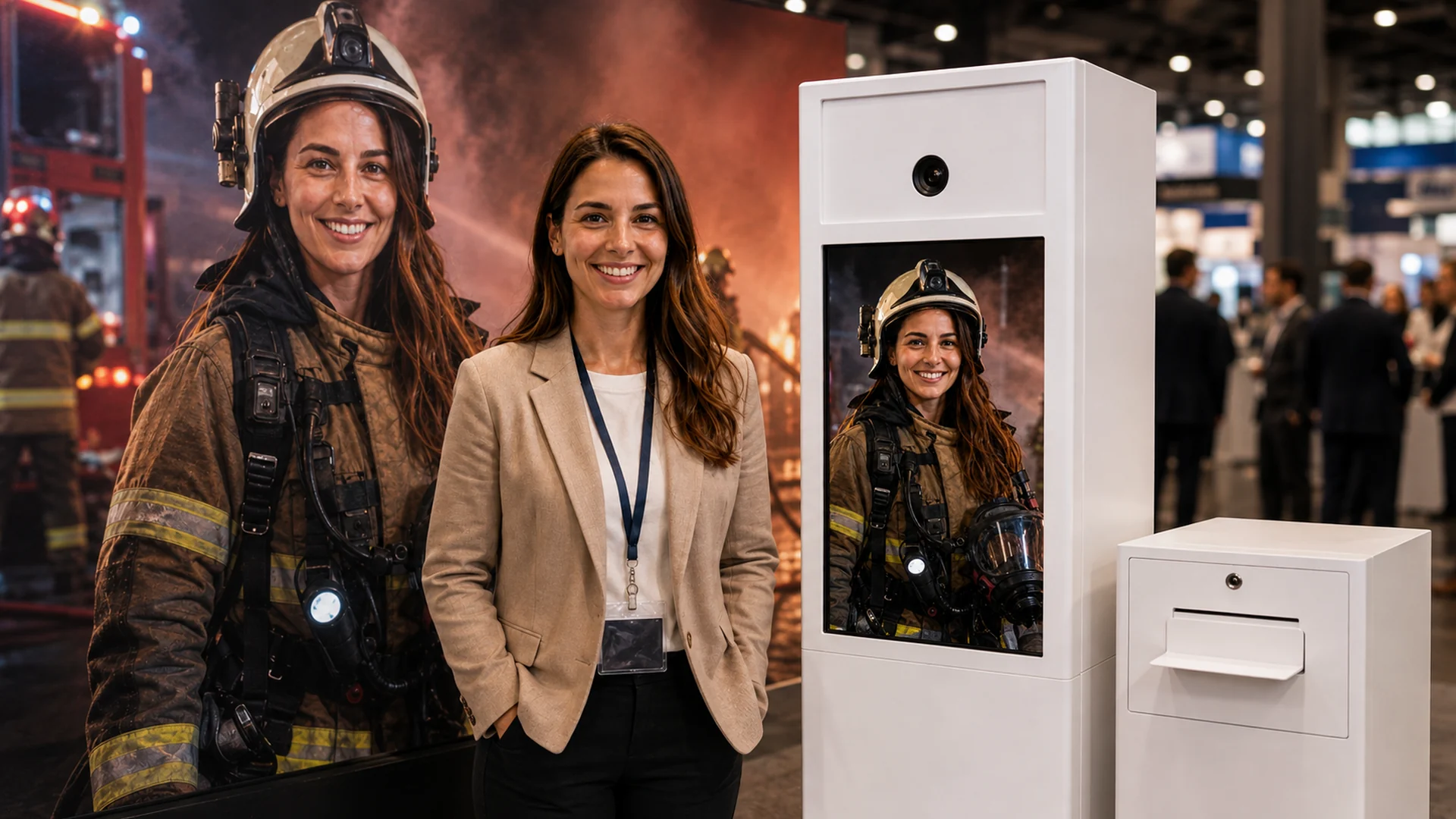 Messestand-Szene für Feuerwehrmann/-frau mit Fotobox und LED-Wand