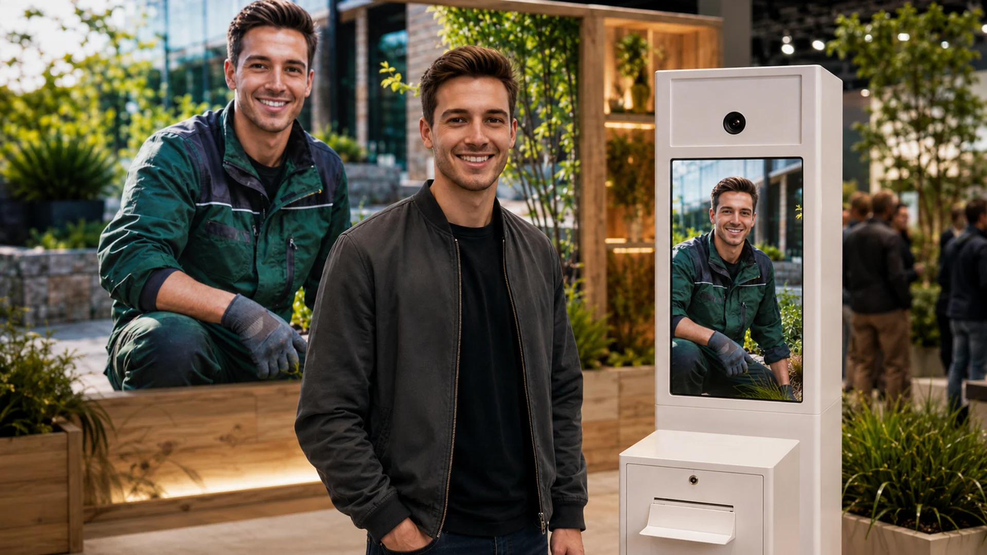 Messestand-Szene für Landschaftsgärtner/in mit Fotobox und LED-Wand