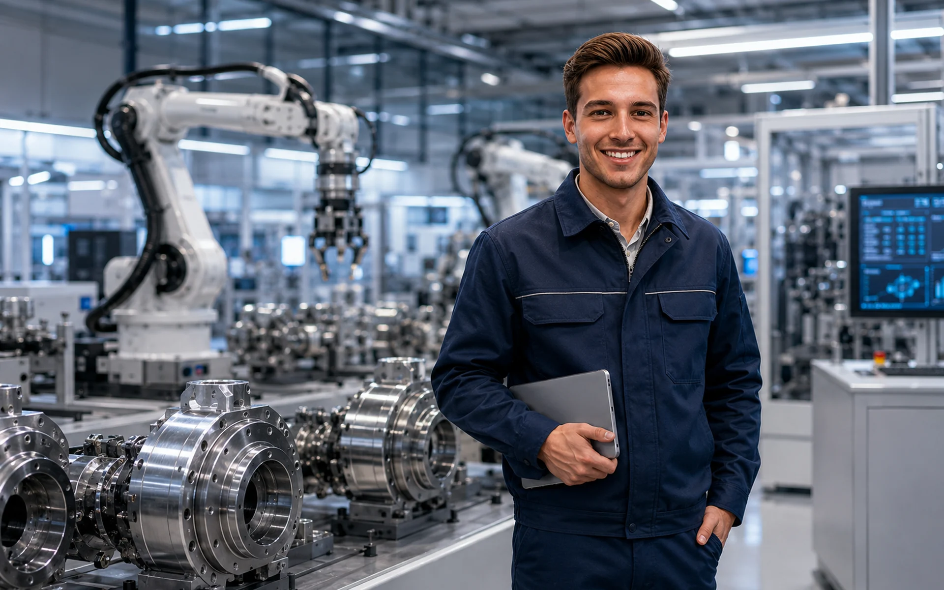 Derselbe Messebesucher als Maschinenbauingenieur in einer modernen Smart Factory