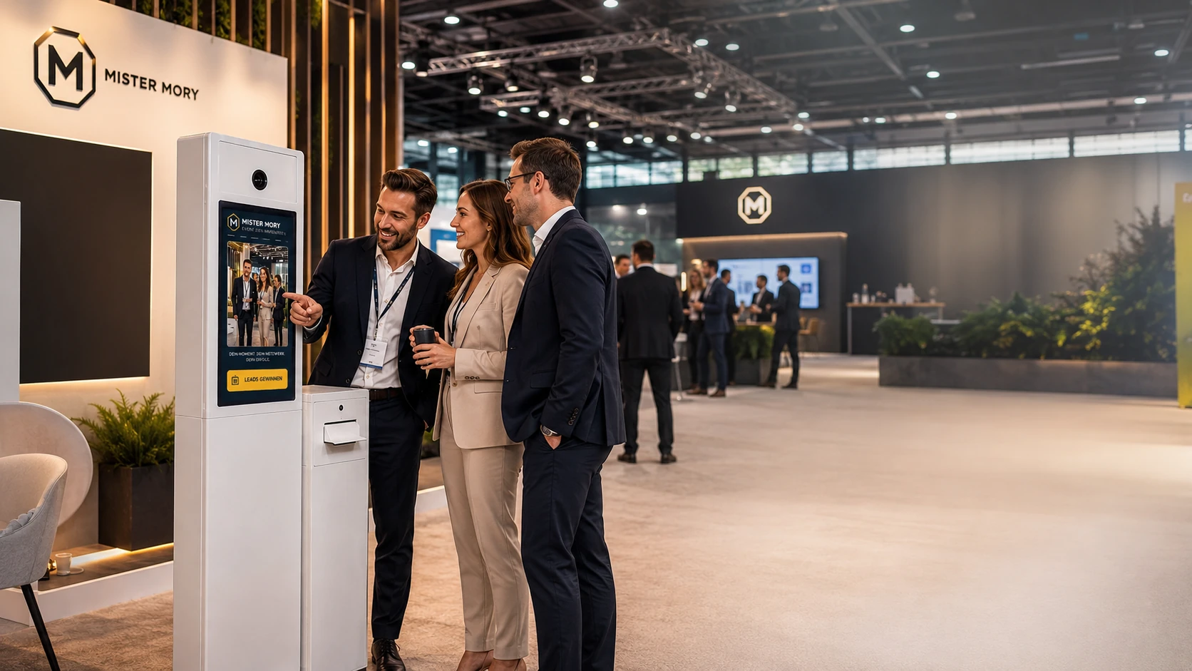 Fotobox am gebrandeten Messestand mit interagierenden Besuchern