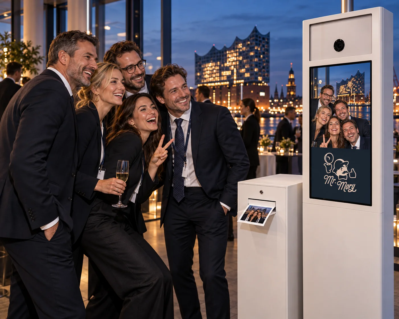 Gäste nutzen eine weiße Mister-Mory-Fotobox auf einem hochwertigen Event