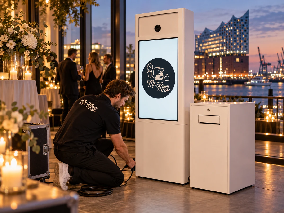 Professioneller Aufbau der Fotobox bei einer Eventlocation in Hamburg