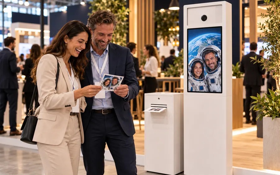 Messebesucher halten einen Ausdruck der KI-Fotobox, auf dem sie als Astronauten zu sehen sind; daneben die weiße Mister-Mory-Fotobox