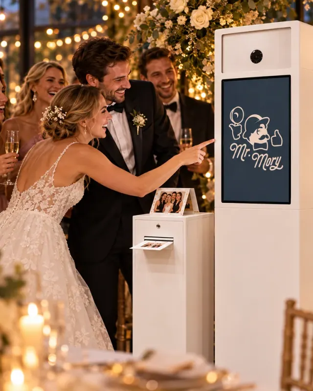 Brautpaar und Hochzeitsgäste vor der Mister-Mory-Fotobox mit Sofortdruck