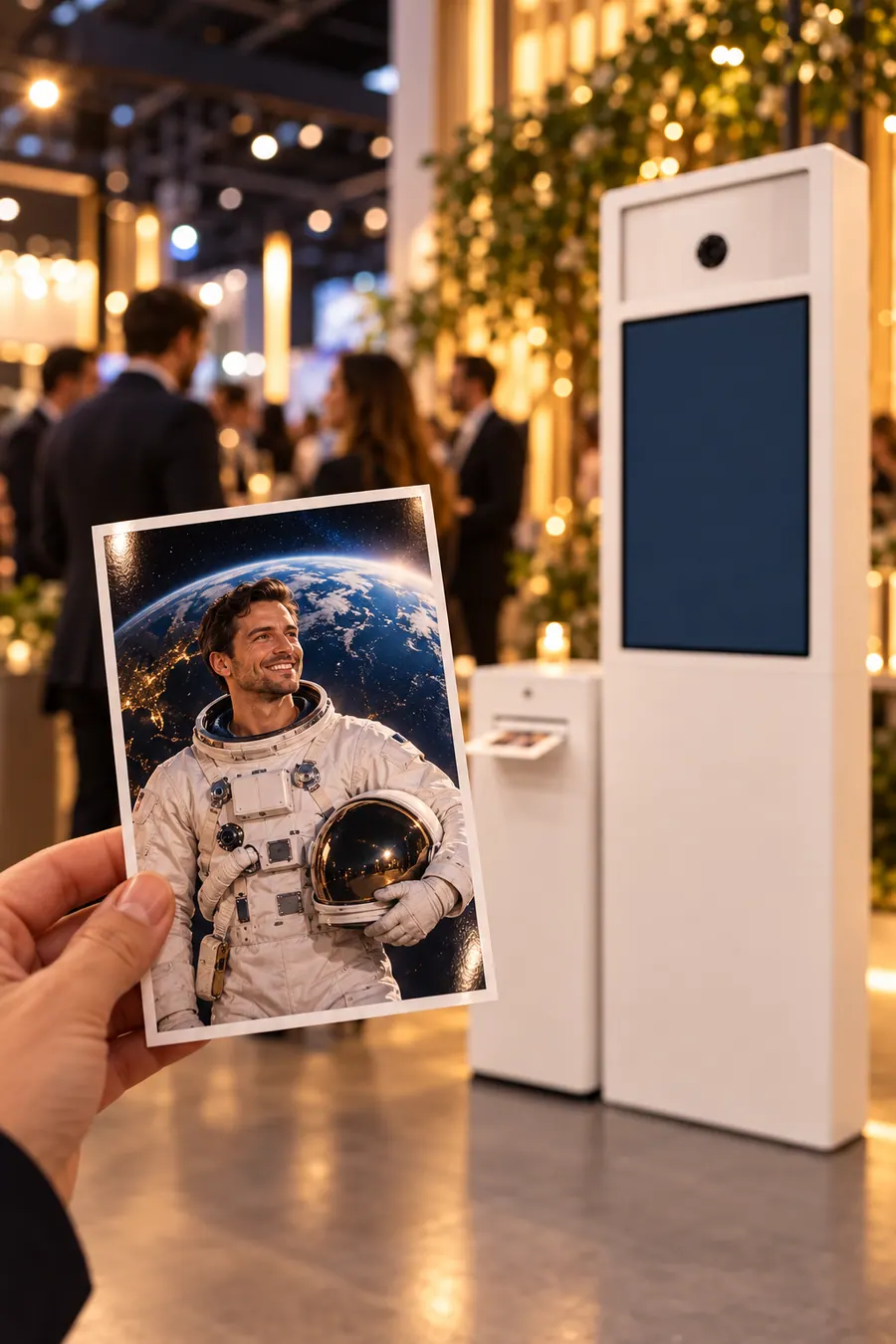 Ausdruck der KI-Fotobox auf einer Messe: Messebesucher als Astronaut vor der Erde