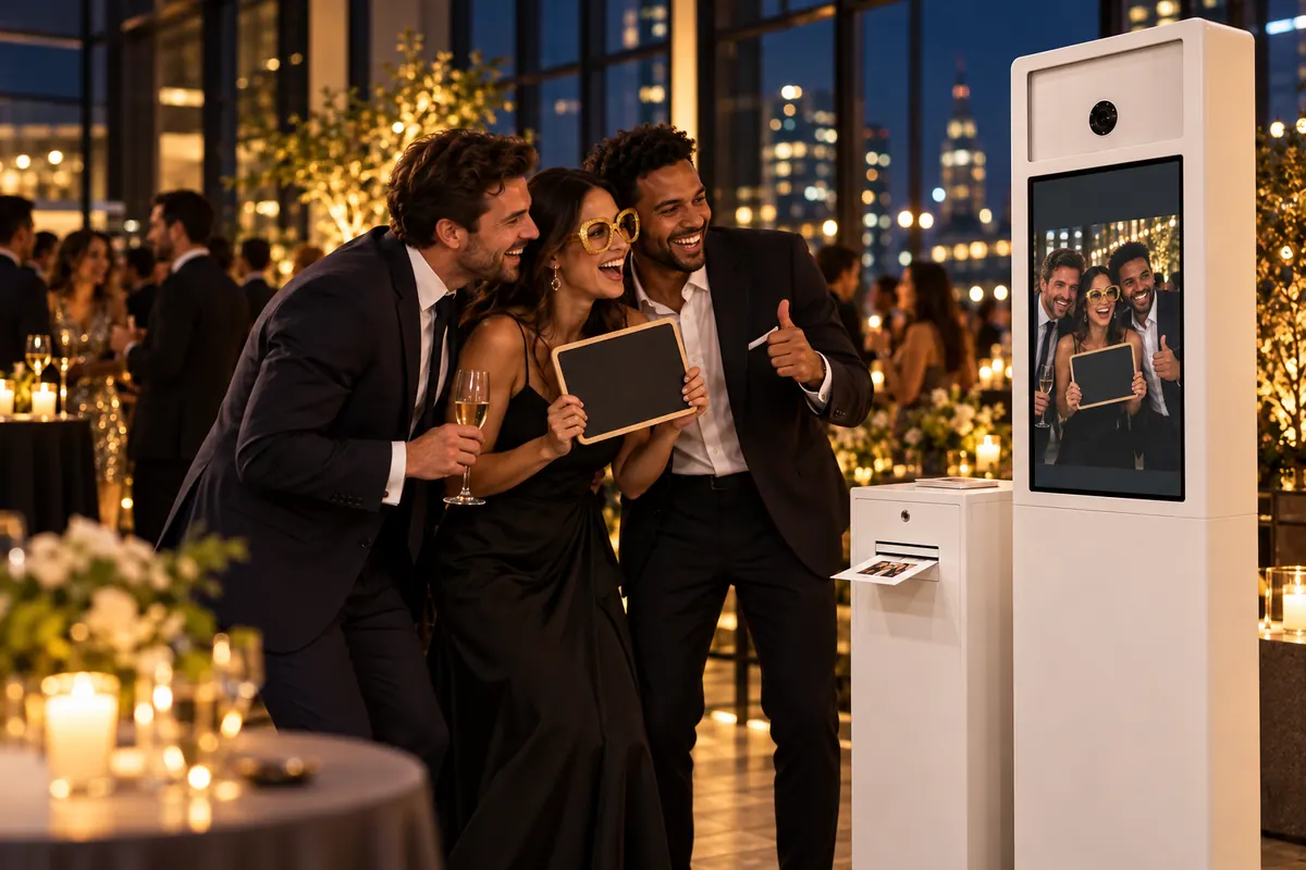 Gäste lachen bei einem Firmenevent vor der mattweißen Mister-Mory-Fotobox, im Moment des Blitzes