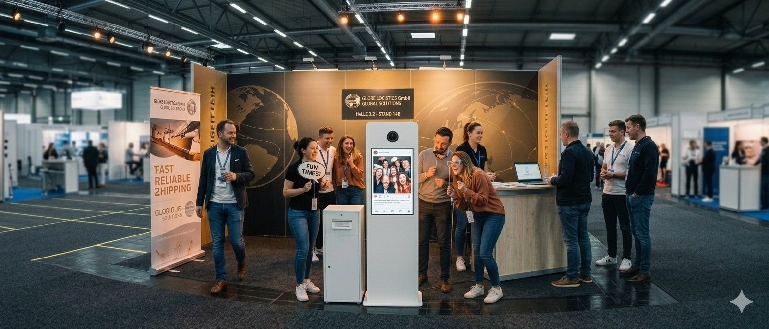 Belebter Messestand mit Mister Mory Fotobox