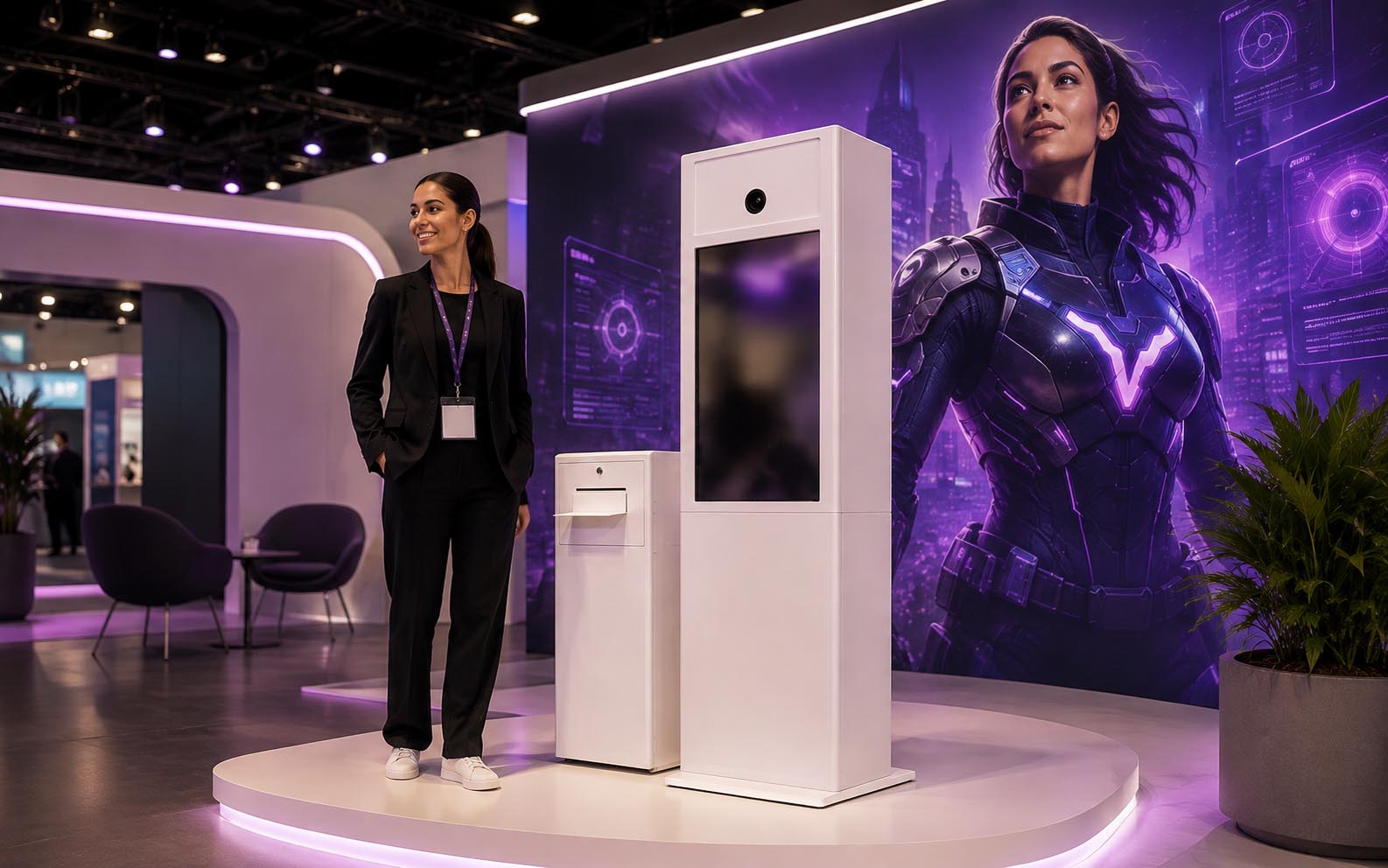 Premium inszenierte KI-Fotobox mit violetter futuristischer Markenwelt