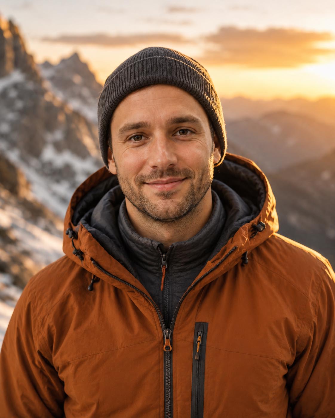 Derselbe Gast als Bergsteiger in einer dramatischen Bergwelt