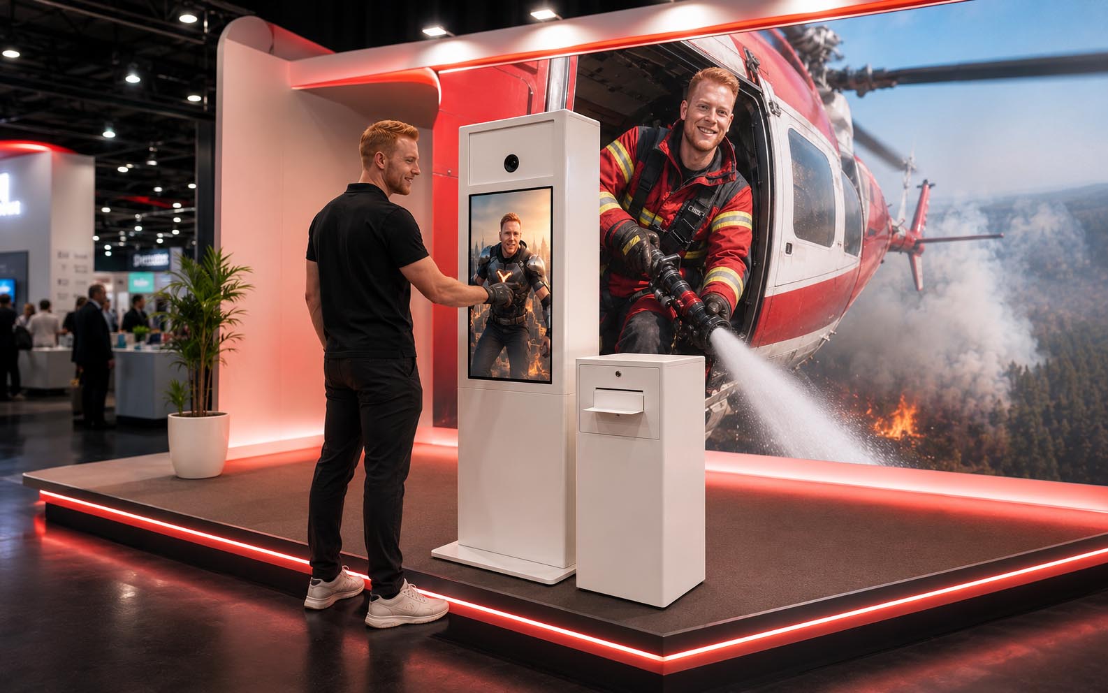 KI-Fotobox auf einem Messestand mit einer Feuerwehr- und Helikopter-Szene
